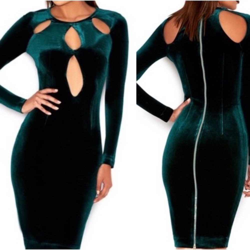 NWOT House of CB Women's Denara Green Velvet Dress Large Bodycon Cut Out Party - Picture 2 of 16